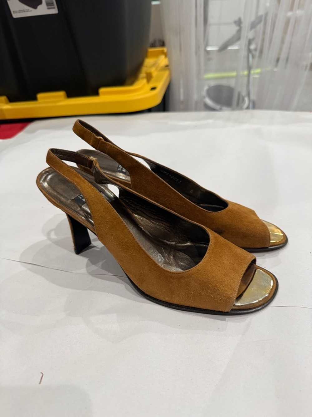 Stuart Weitzman Suede Slingback Peep-Toe Heels in Cognac Brown with Gold Cap